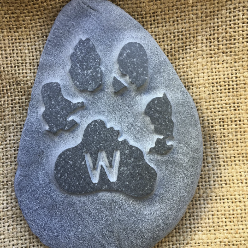 Natural Memorial Stone - Custom Carved Paw Print Portrait & Initial