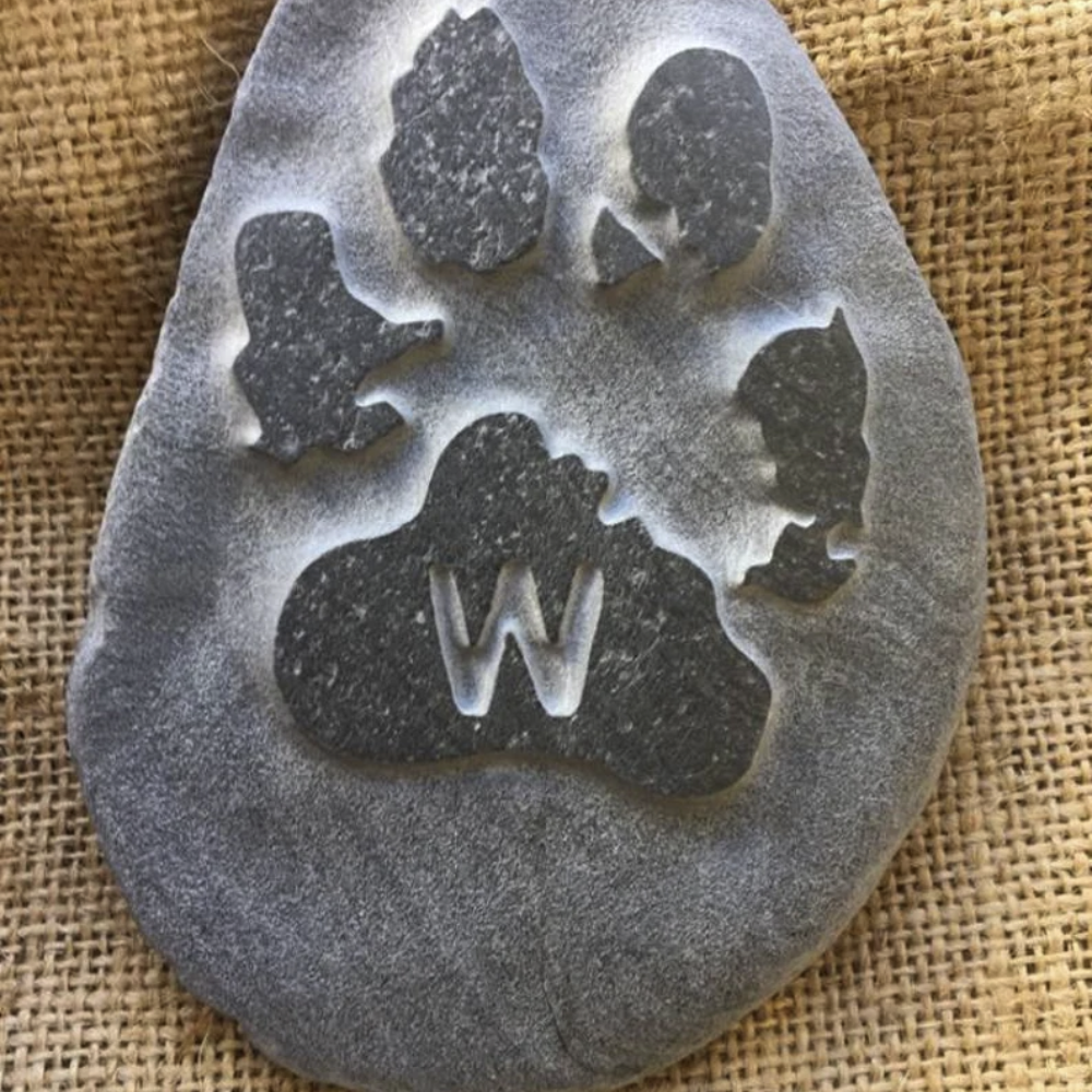 Natural Memorial Stone - Custom Carved Paw Print Portrait & Initial