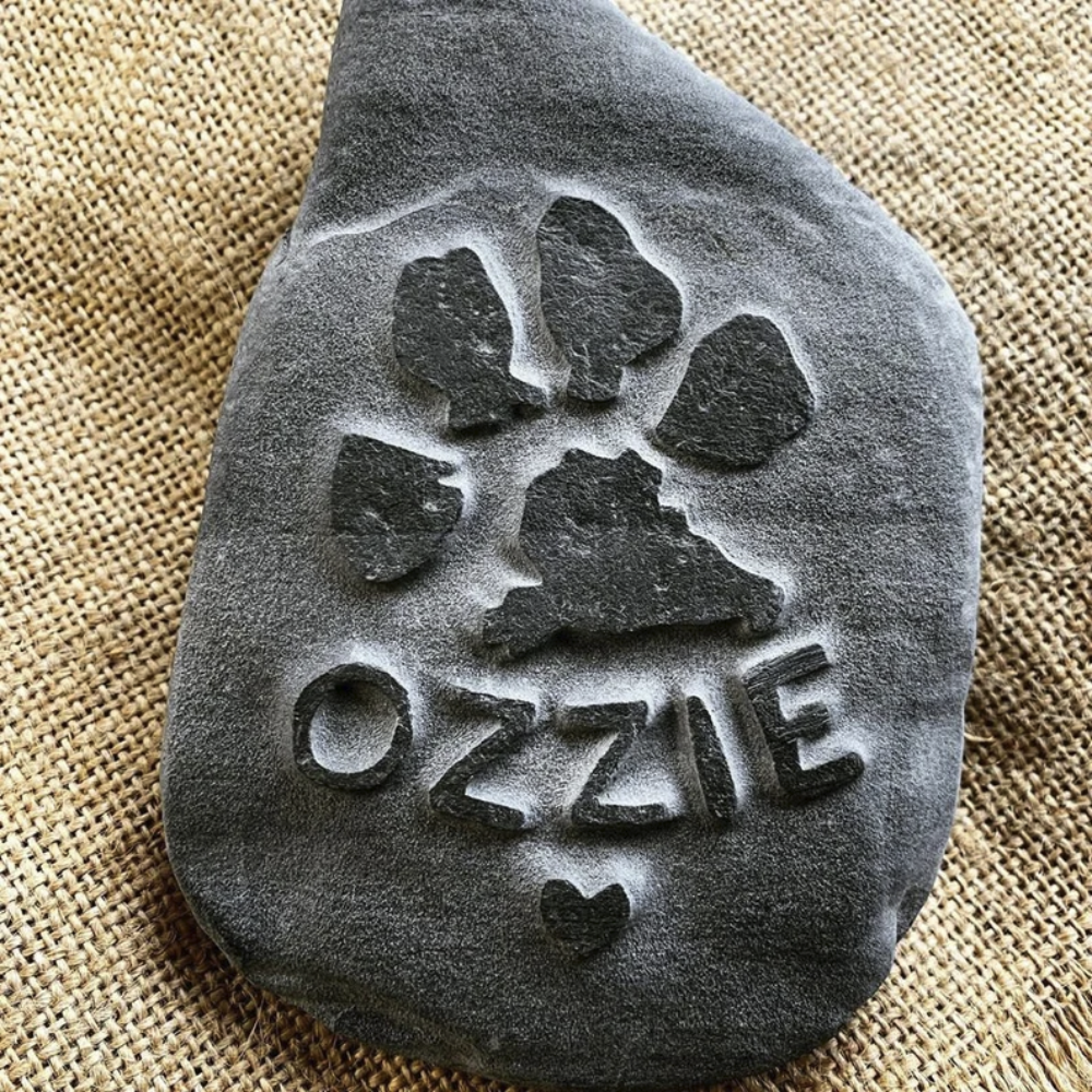 Natural Memorial Stone - Custom Carved Paw Print Portrait & Name