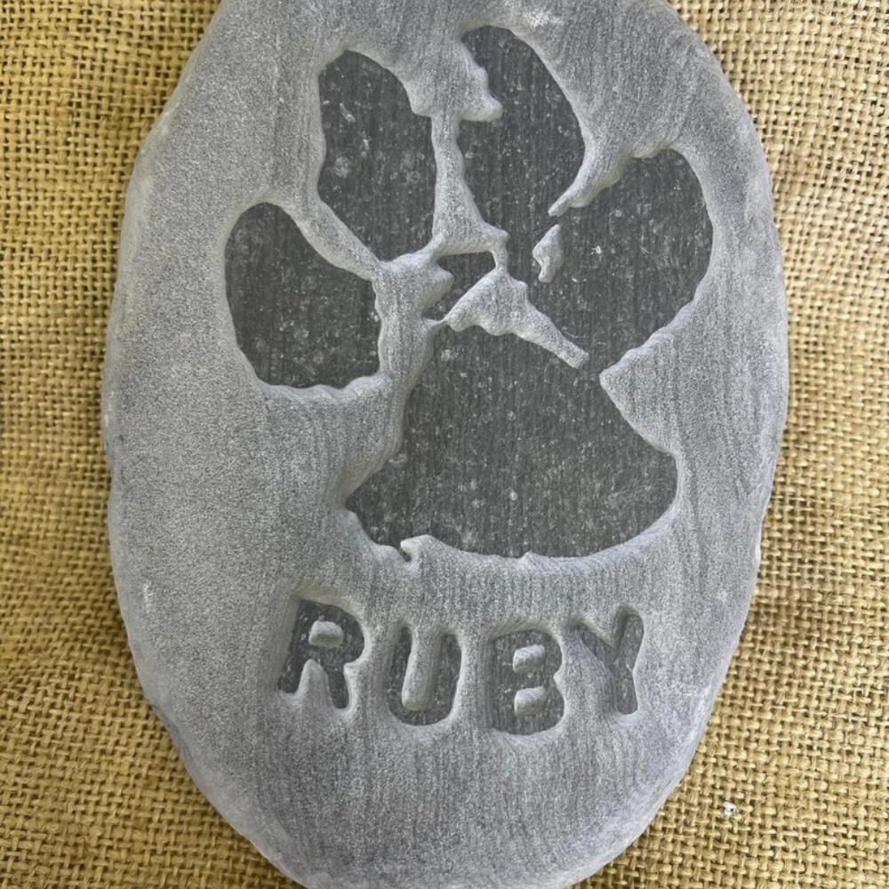 Natural Memorial Stone - Custom Carved Paw Print Portrait & Name