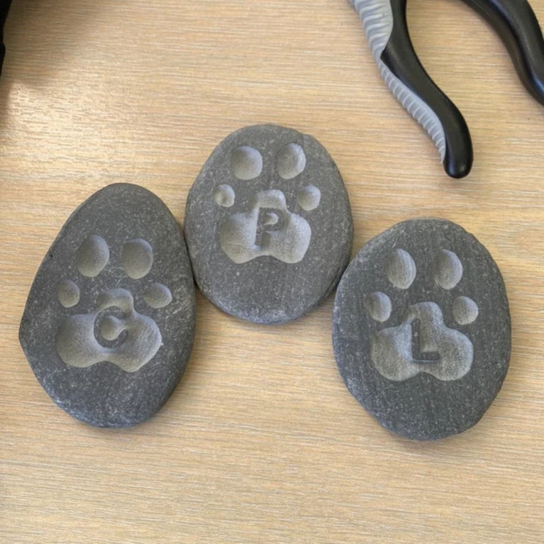 Pet Memorial Pebble - Hand Carved Paw Print & Initial Design