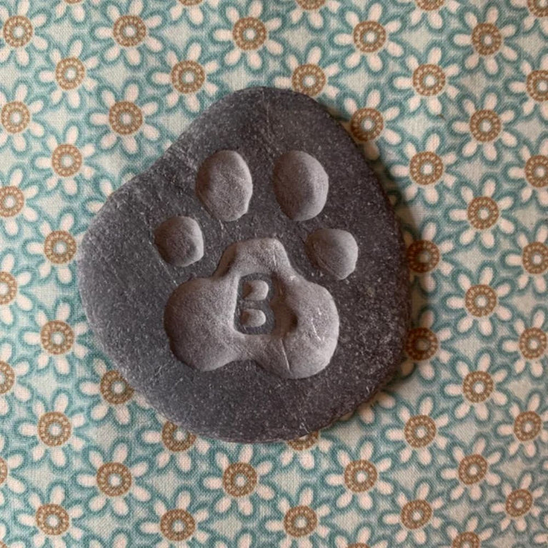 Pet Memorial Pebble - Hand Carved Paw Print & Initial Design