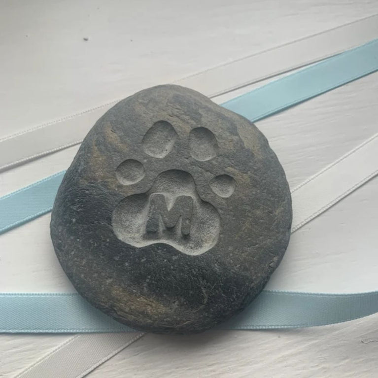 Pet Memorial Pebble - Hand Carved Paw Print & Initial Design