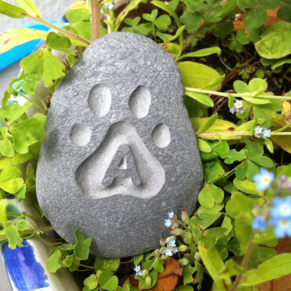 Pet Memorial Pebble - Hand Carved Paw Print & Initial Design