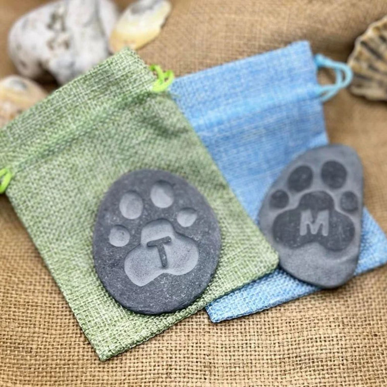 Pet Memorial Pebble - Hand Carved Paw Print & Initial Design